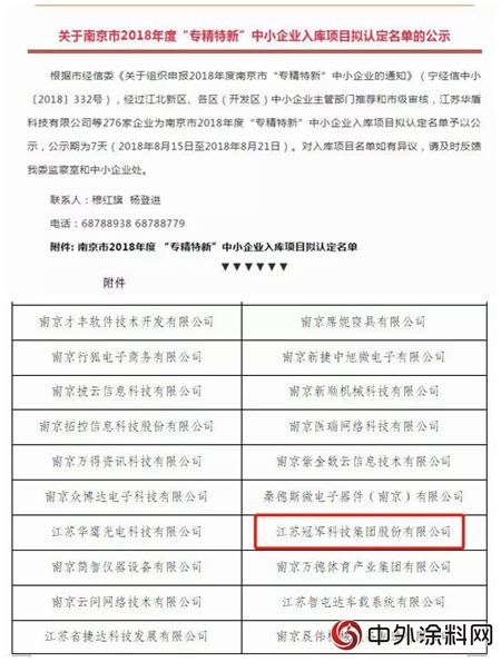 江苏冠军集团入围南京市2018年度“专精特新”中小企业入库项目名单"129516"